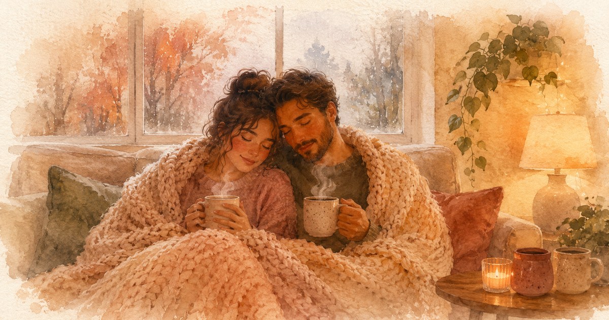 Cuffing Season cover — a cosy watercolour of a couple wrapped in one blanket on a sofa by a rain-streaked window, warm mugs and autumn light