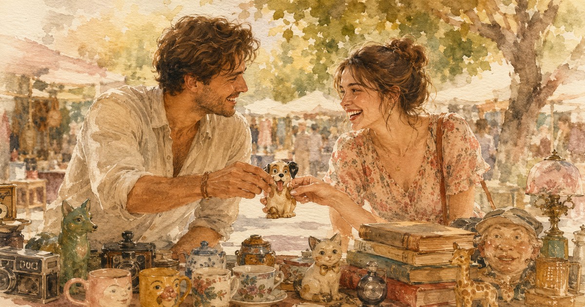 Freak Matching cover — a watercolour of a young couple at an outdoor flea market laughing as they both reach for the same quirky vintage trinket