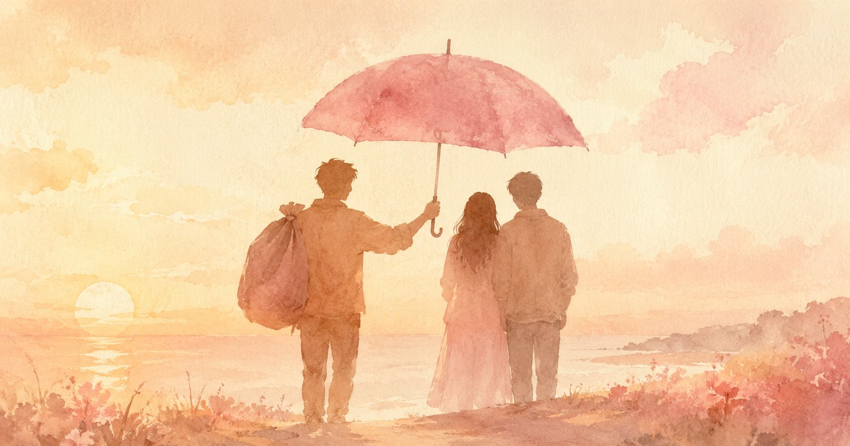 Mankeeping cover — a soft watercolour of a woman holding up a large umbrella over two people while carrying an extra load on her shoulder, warm muted evening tones