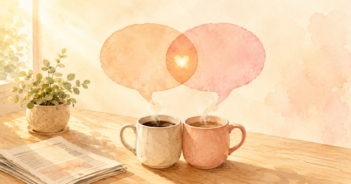 Marriage Language cover — a soft watercolour of two coffee mugs on a kitchen table with two speech bubbles overlapping into one shared shape, warm morning light