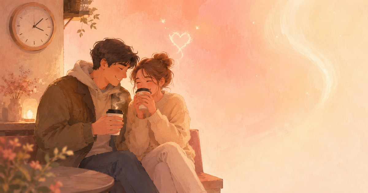 a warm illustration of a coffee cup with little hearts rising as steam beside a small clock, on a cream-to-rose gradient, representing short intentional dates — cover for the Unravel article "Micro-Dating: The Tiny-Date Trend Keeping Busy Couples Close"
