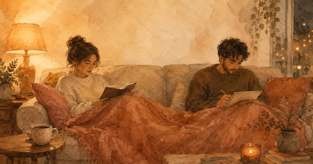 Parallel Play cover — a soft illustration of two people under one blanket on a couch, one reading and one sketching, content in companionable silence, warm tones