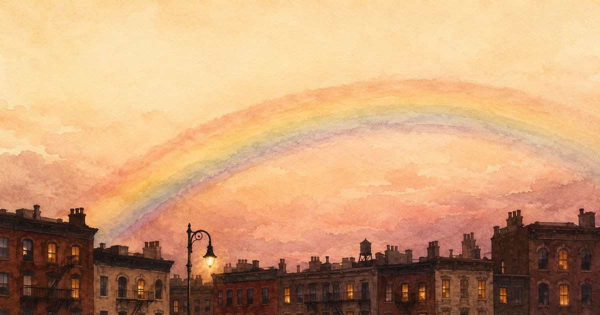 The Origins of Pride Month cover — a soft watercolour of a rainbow arc rising over the rooftops of a Greenwich Village street at dusk, warm lamplight in the windows