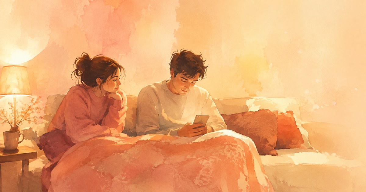 10 Signs Your Situationship Isn't Turning Into a Relationship cover: a watercolour of a couple sitting close but a little apart on a sofa, one glancing at a phone