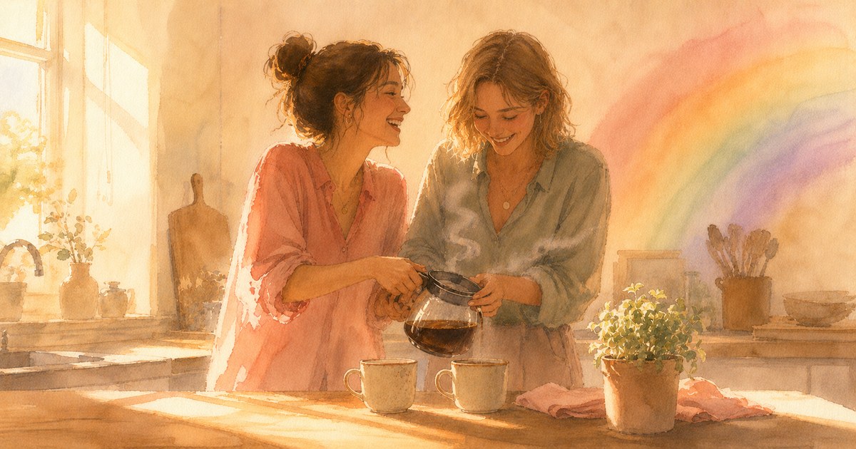 What Straight Couples Can Learn From Queer Couples cover — a watercolour of two women laughing while pouring coffee together in a sunlit kitchen, a soft rainbow on the wall behind them